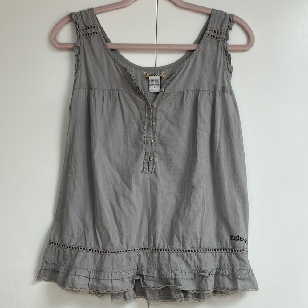 Billabong Gray Sleeveless Blouse with Lace Trim